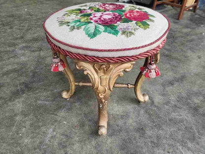 Antique Victorian round gilt cabriole legs tapestry stool seat