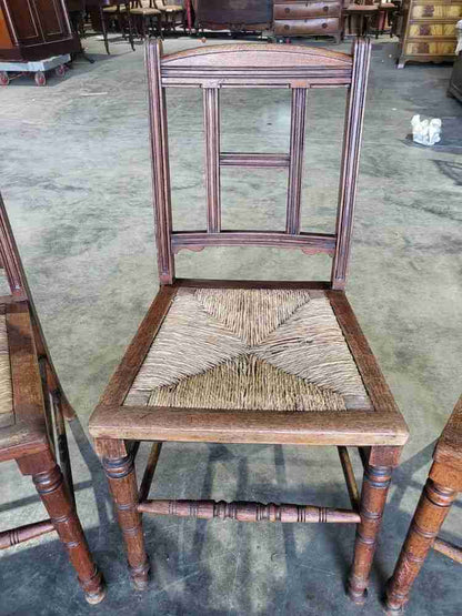 Vintage 20thC rush seat turned legs 3 x kitchen country dining chairs