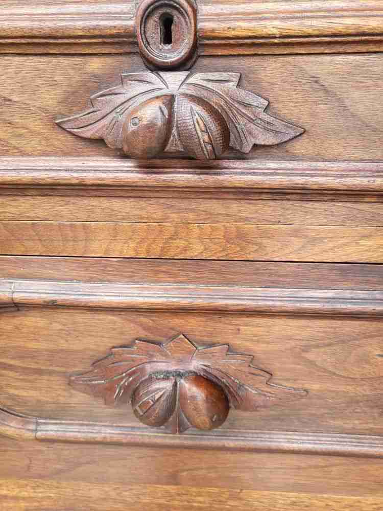 Antique 2 over 3 chest of drawers carved fruit handles