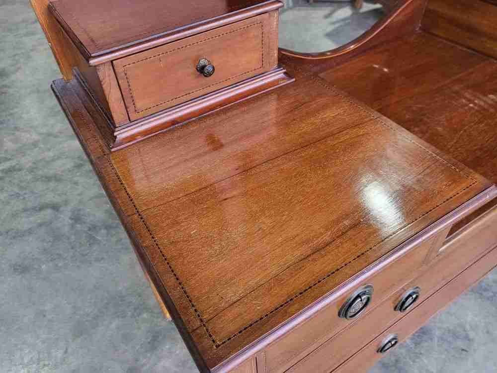 Antique Edwardian inlaid dressing table drawers oval mirror