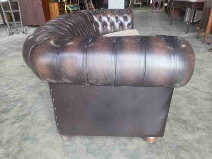 Antique repro button back 3 seat brown leather Chesterfield  sofa
