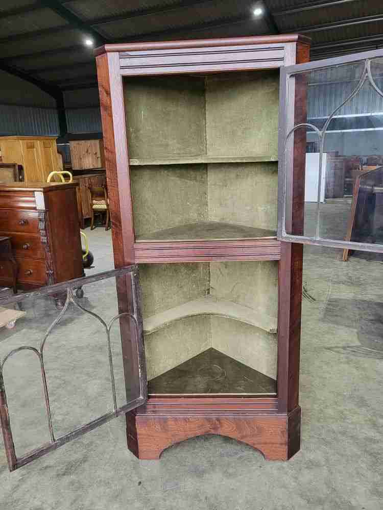 Antique Georgian mahogany freestanding glazed tall corner cabinet