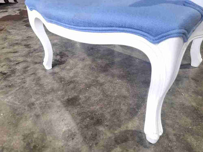 Antique repro French painted arm chair cabriole legs blue fabric  footstool