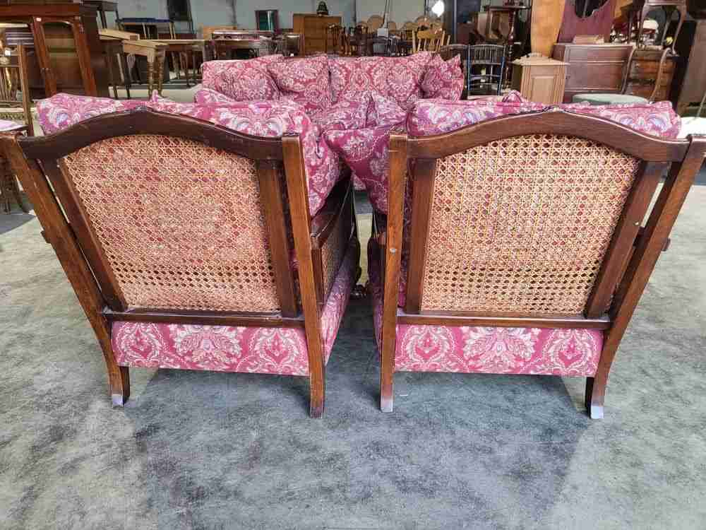 Antique 3 piece suite  20thC bergere sofa 24 feather cushions 2 bergere armchair