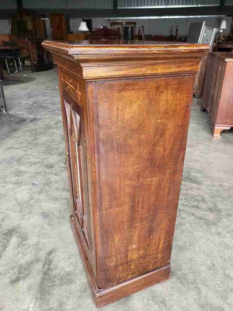Antique Edwardian small inlaid glazed cabinet fabric curtain shelves