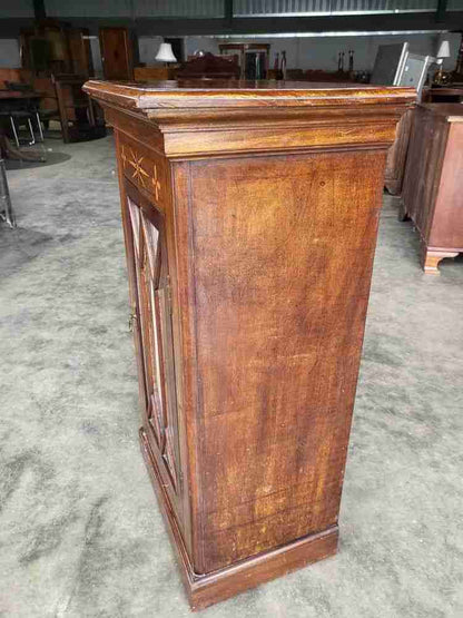 Antique Edwardian small inlaid glazed cabinet fabric curtain shelves