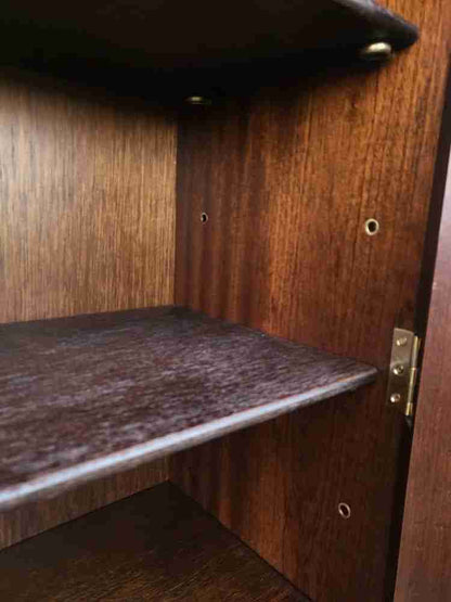 Antique mahogany repro tall slim glazed bookcase cabinet shelves