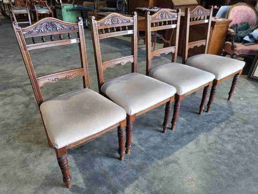Four antique Victorian carved bar back dining chairs cream