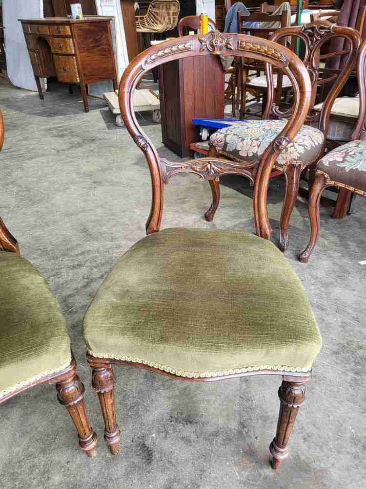 Four antique Victorian ballon back dining chairs green