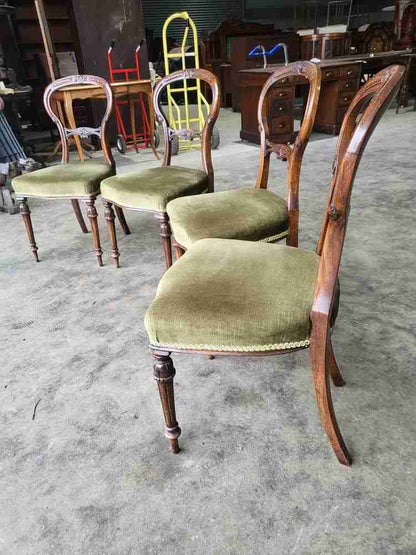 Four antique Victorian ballon back dining chairs green