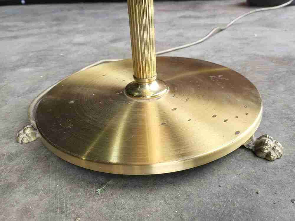 Vintage 20thC brass standard lamp cream shade round base feet