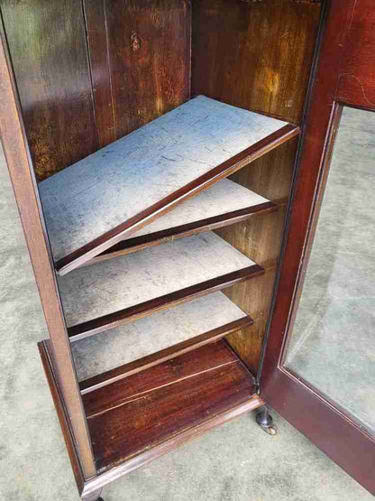 Antique Edwardian glazed music cabinet bookcase cabriole legs castors shelves