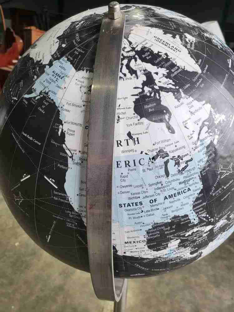 20thC World globe map chrome tall tripod stand floor standing