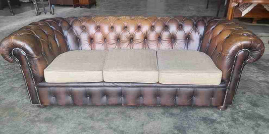 Antique repro button back 3 seat  brown leather Chesterfield  sofa