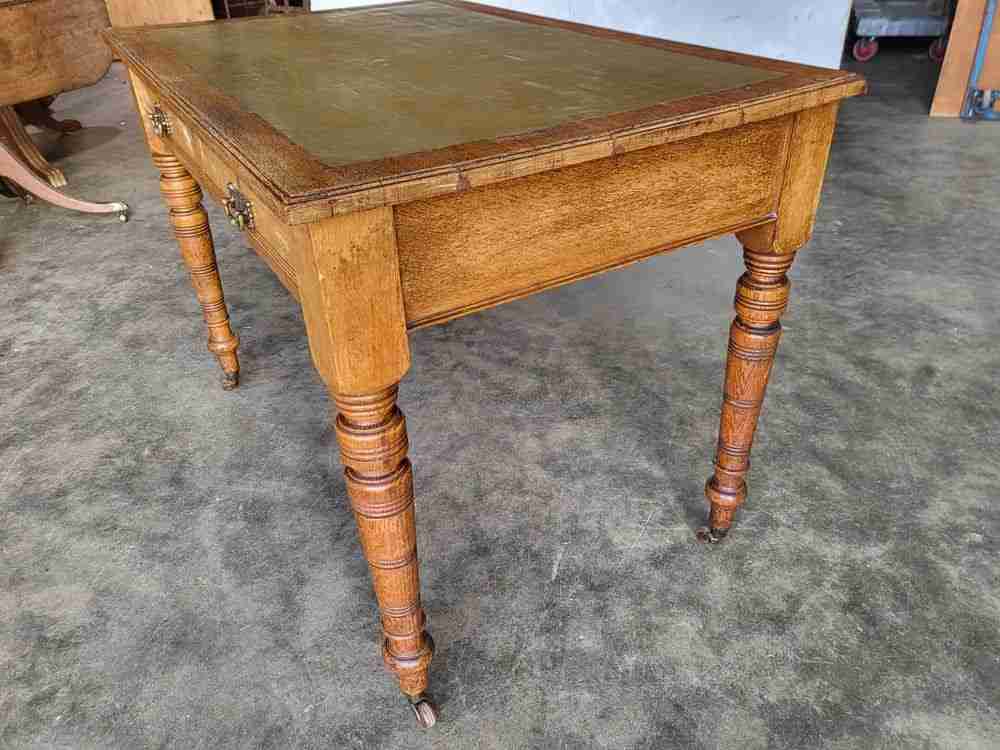 Antique Edwardian 2 drawer writing table desk turned legs castors