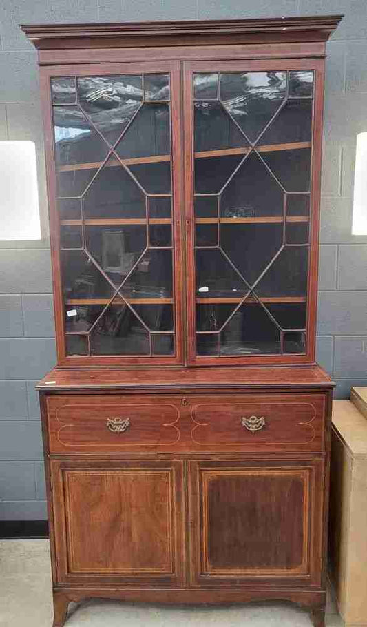 Antique Georgian inlaid mahogany large secretaire bookcase splayed legs drawers
