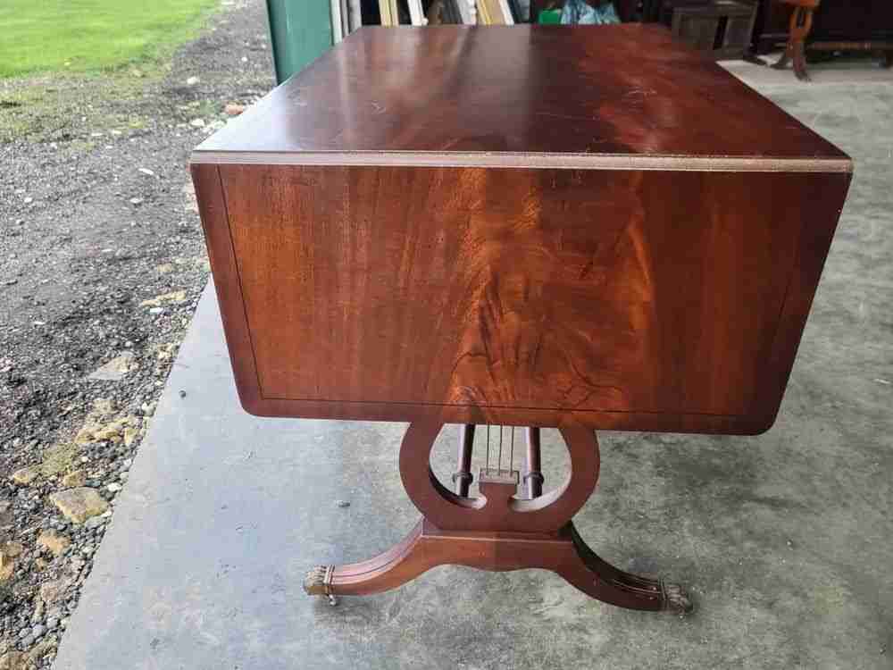 Antique repro extending Lyre sofa coffee work table drawers