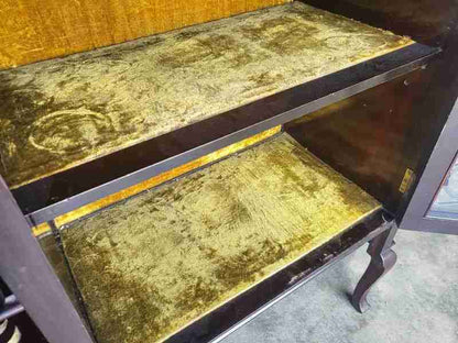 Antique serpentine glazed chiffonier sideboard cabinet velvet shelves