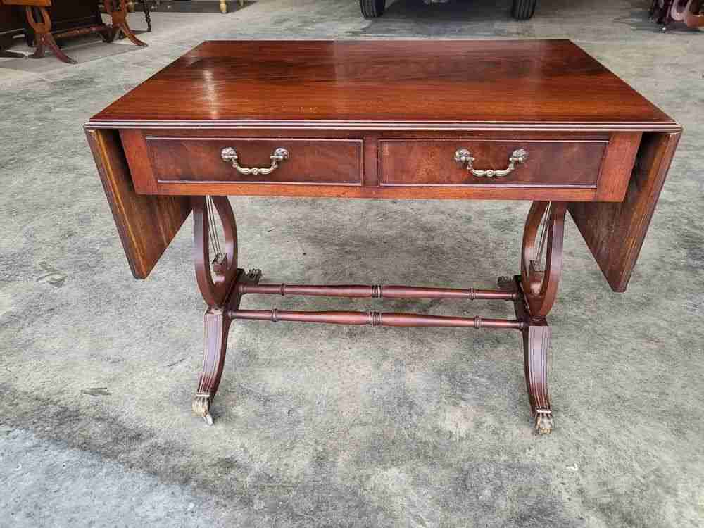 Antique repro extending Lyre sofa coffee work table drawers