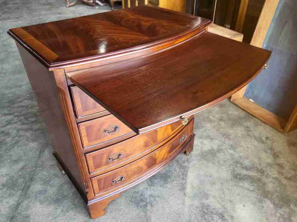 Antique repro bow front chest of drawers slide tray dressing table desk