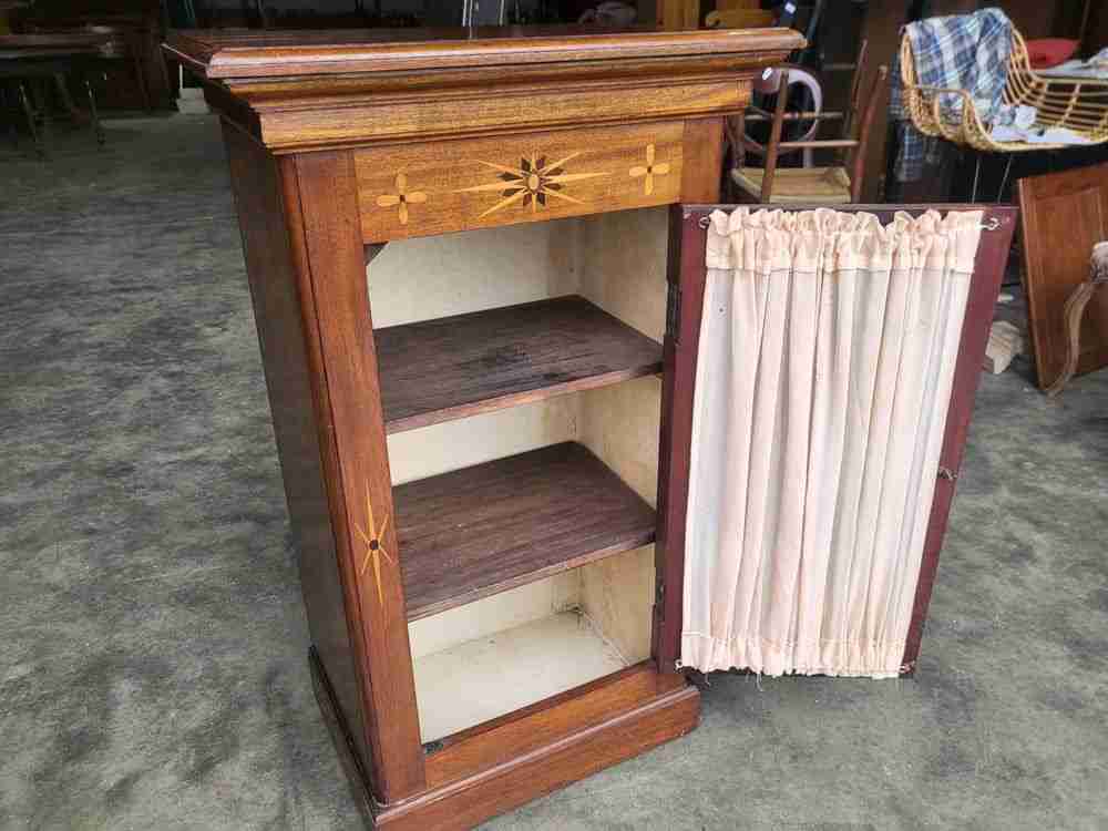 Antique Edwardian small inlaid glazed cabinet fabric curtain shelves