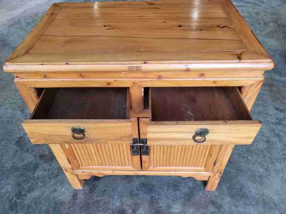 Vintage 20thC small Chinese cupboard cabinet 2 drawers square legs