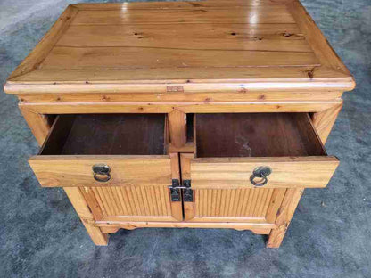 Vintage 20thC small Chinese cupboard cabinet 2 drawers square legs