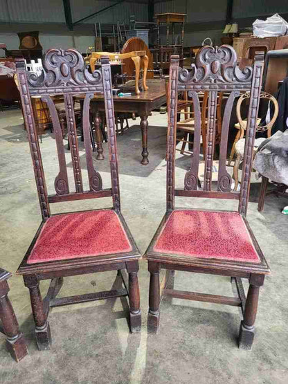 Antique carved oak high back dining chairs 18thC style