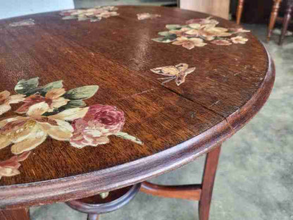 Vintage 20thC round oak 2 tier floral side end occasional table