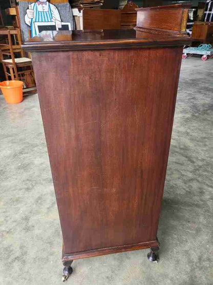 Antique Edwardian glazed music cabinet bookcase cabriole legs castors shelves