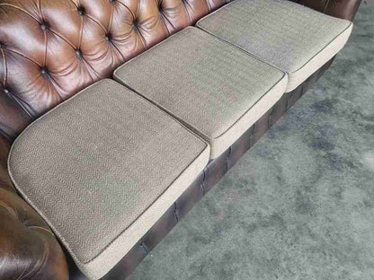 Antique repro button back 3 seat  brown leather Chesterfield  sofa