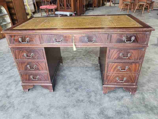 Antique repro mahogany small twin pedestal writing desk leather top