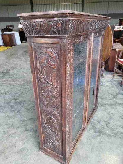 Antique dark oak carved ornate 2 door glazed bookcase cabinet