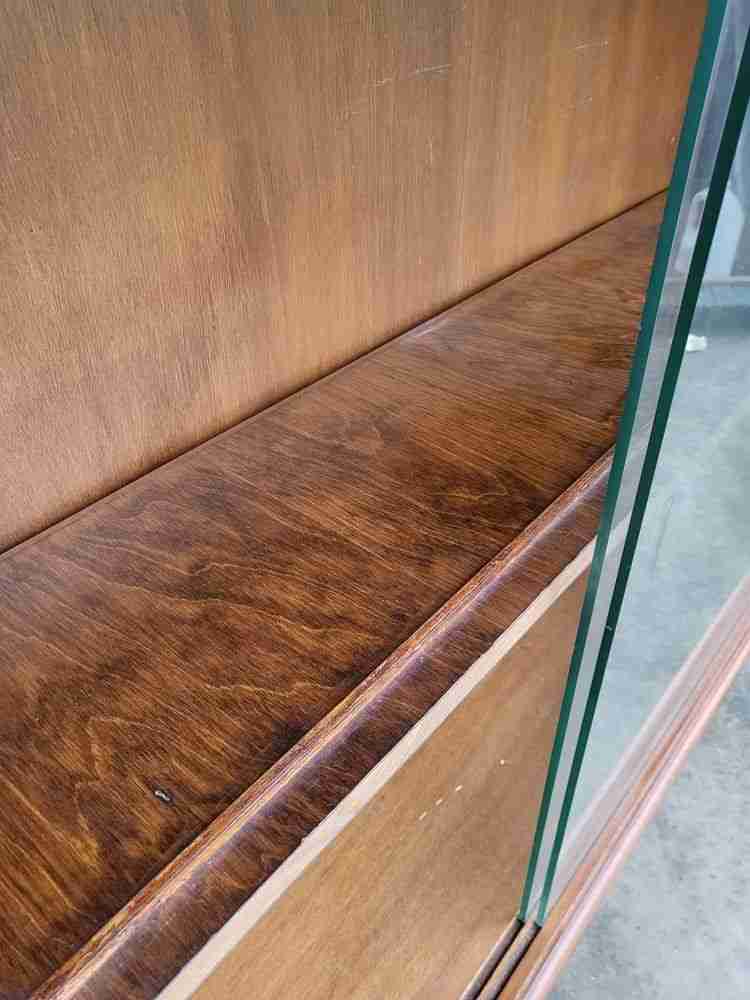 Vintage 20thC 1970's walnut low bookcase cabinet shelves glass doors