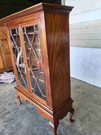 Antique Edwardian glazed bookcase cabinet cabriole legs shelves