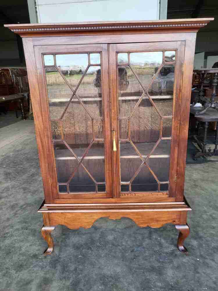 Antique Edwardian glazed bookcase cabinet cabriole legs shelves
