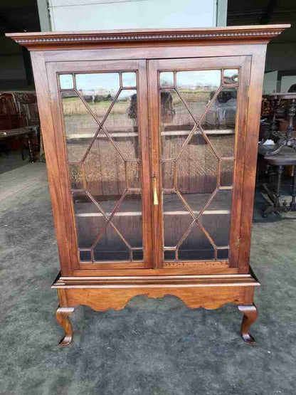 Antique Edwardian glazed bookcase cabinet cabriole legs shelves