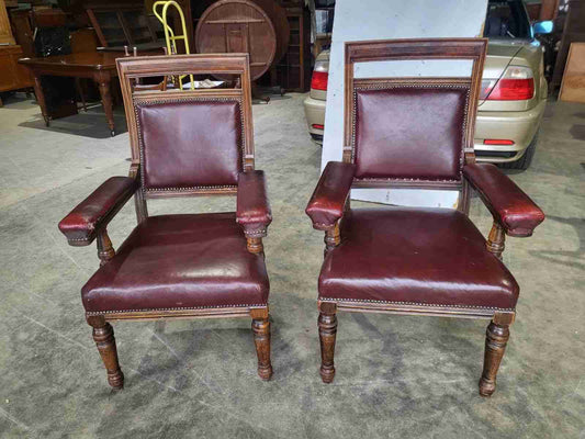 Pair two his &amp; hers antique leather Oak high back arm chairs office