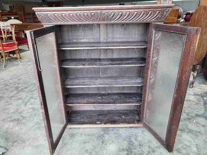 Antique dark oak carved ornate 2 door glazed bookcase cabinet