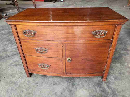Antique Edwardian low bow front small chest of drawers with cupboard
