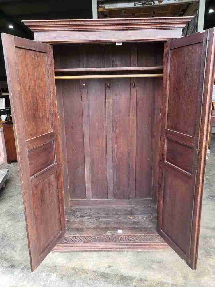Antique dark oak panelled carved 2 x door wardrobe