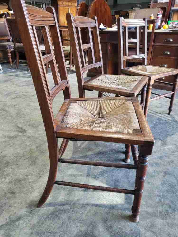 Vintage 20thC rush seat turned legs 3 x kitchen country dining chairs