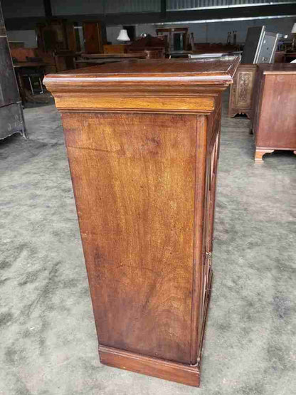 Antique Edwardian small inlaid glazed cabinet fabric curtain shelves