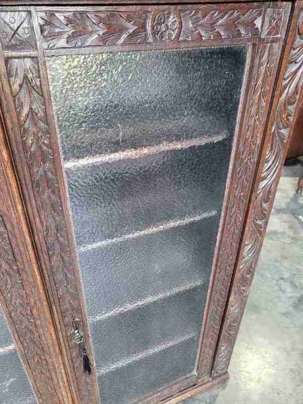 Antique dark oak carved ornate 2 door glazed bookcase cabinet