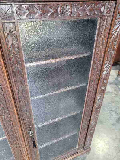 Antique dark oak carved ornate 2 door glazed bookcase cabinet