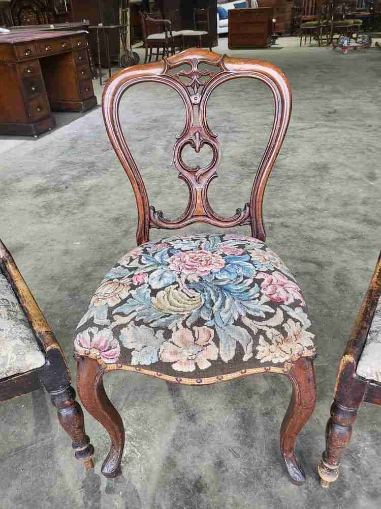 Four mixed Victorian balloon back dining chairs floral