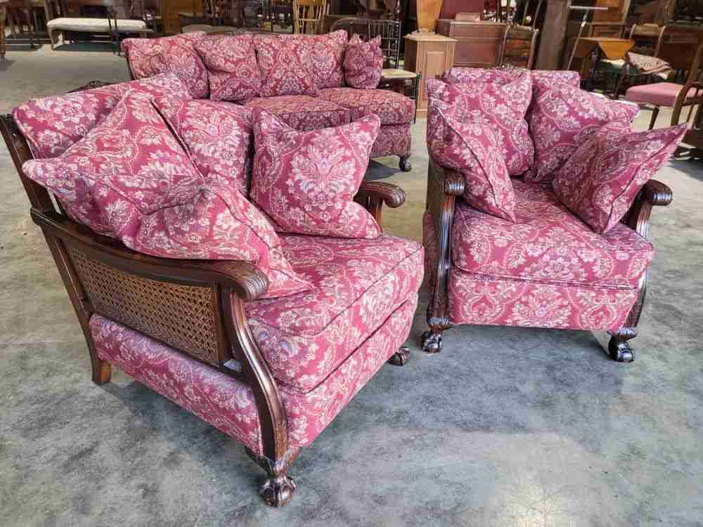 Antique 3 piece suite  20thC bergere sofa 24 feather cushions 2 bergere armchair