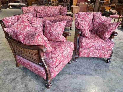Antique 3 piece suite  20thC bergere sofa 24 feather cushions 2 bergere armchair