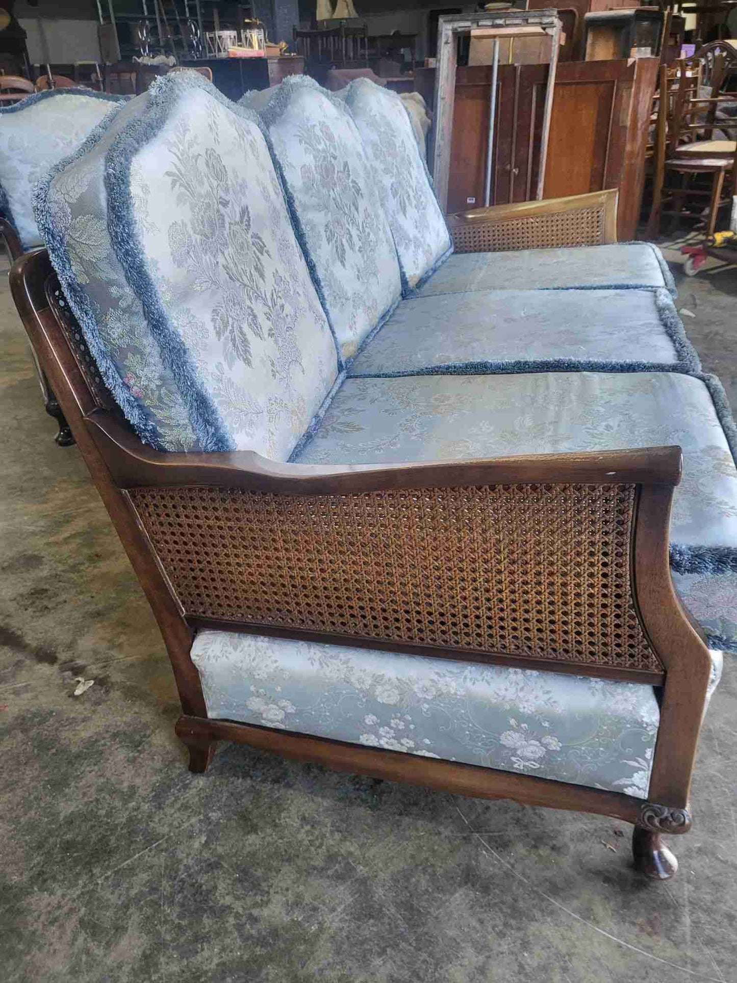 Vintage 20thC bergere 3 seat sofa settee cabriole legs