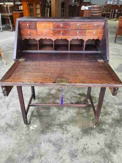 Antique Victorian oak bureau desk legs castors drawers